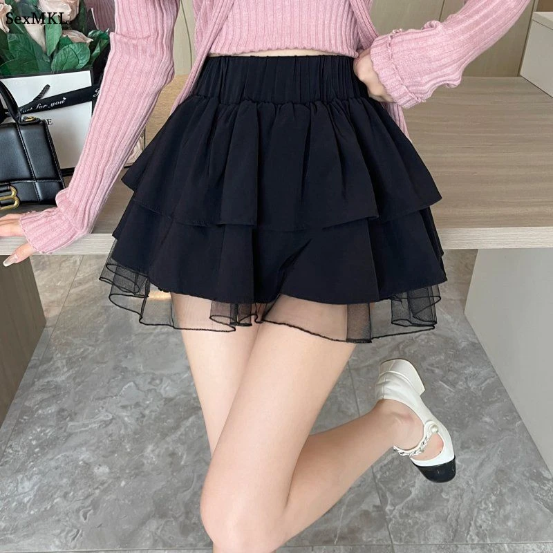 

Summer Kawaii Ruflles White Tulle Skirt Women Ball Gown Fashion Chiffon Mini Skirts Y2k Clothes Slim Elastic Waist Black Faldas