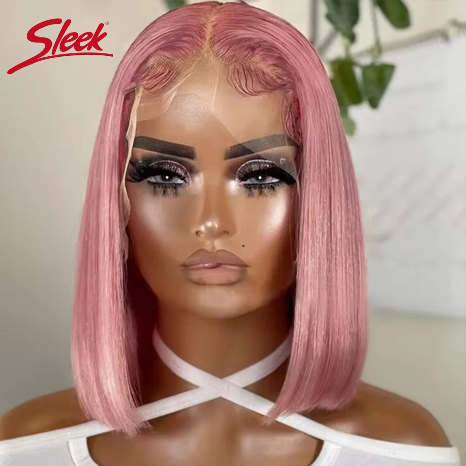 

Sleek Pink Lace Front Short Bob Wigs Brazilian Ombre Black T4/Pink Human Hair Wigs 200% Density Natural Remy Human Hair