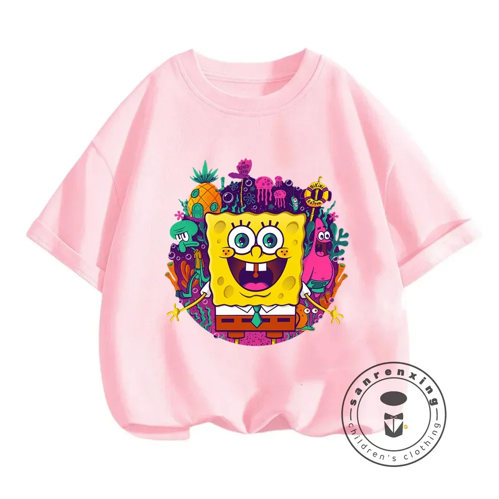 Hip-Hop Style SpongeBob Print T-shirt for Children Cute Cartoon Design Perfect for Boys and Girls to Enjoy Summer in Style