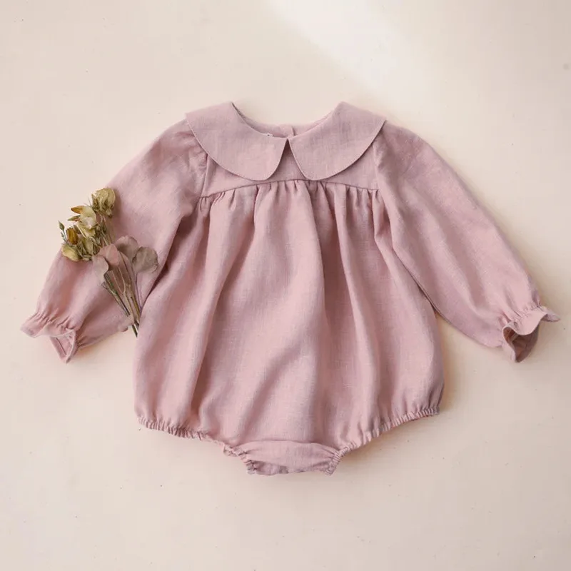 Toddler Girl Vintage Long Sleeve Clothes Baby Girl Linen Cotton Romper Jumpsuit Infant Solid Clothing