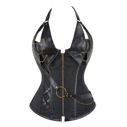 Steampunk Jacquard Faux Leather Studded Overbust Corset Bustier With Chains Waist Cincher Shaper Women Vest Shapewear