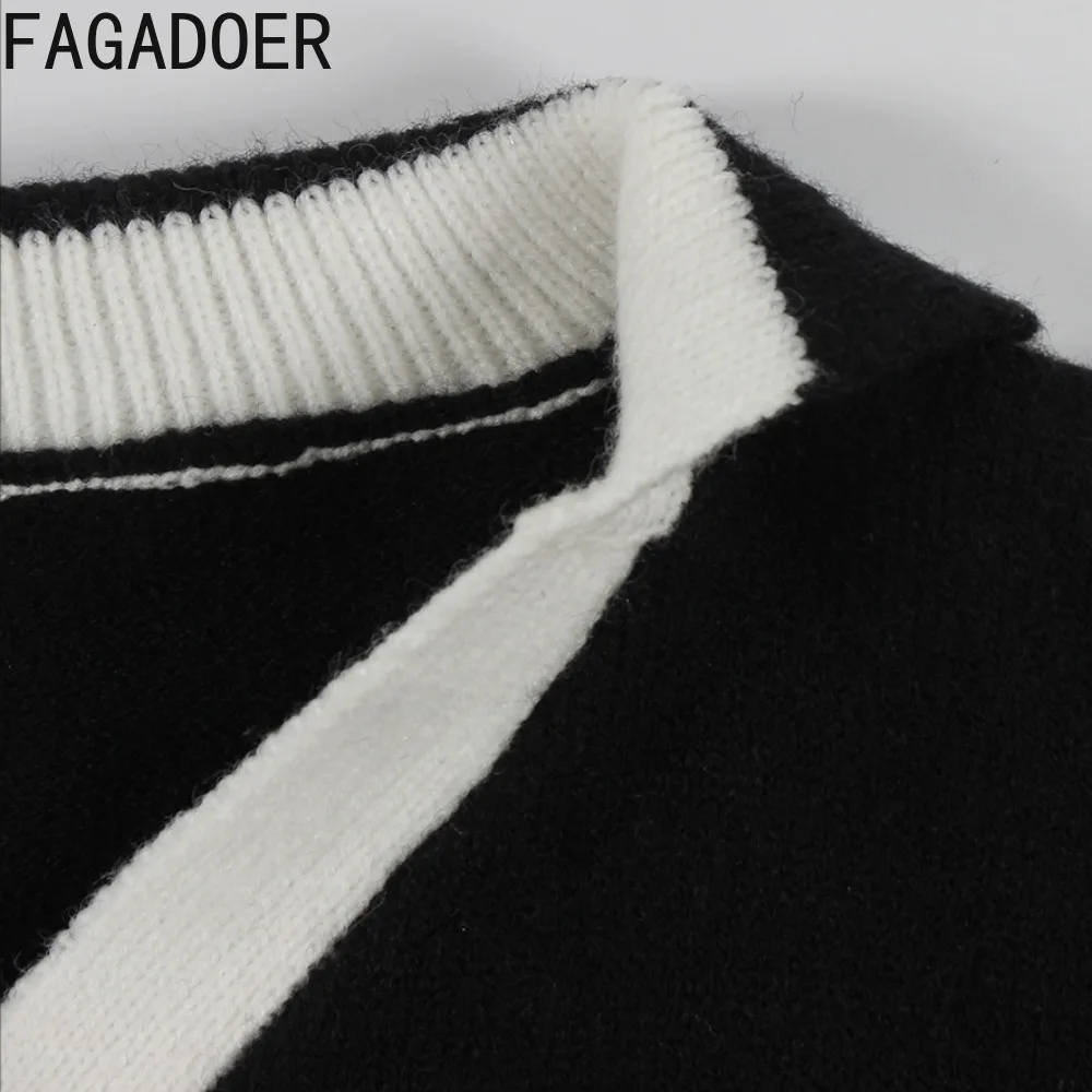 FAGADOER Knit 2 Piece Sets Women Outfit Preppy Style Lapel Stripe Patchwork Sweater and Shorts Quality Stretchy Set Autumn New