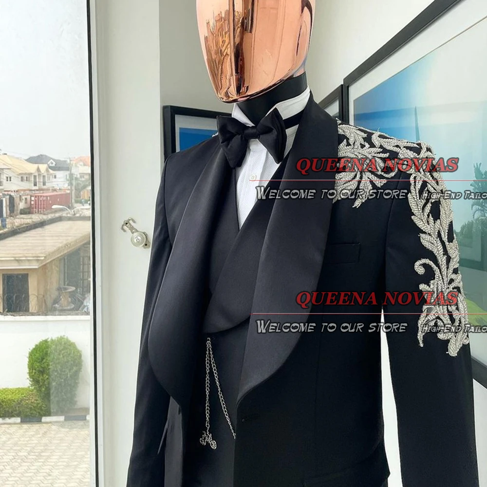 Luxury Groom Men Suits Slim Fit Black Wedding Tuxedo Crystals Beading Blazer Formal Party Male Fashion Clothing Tailored Made