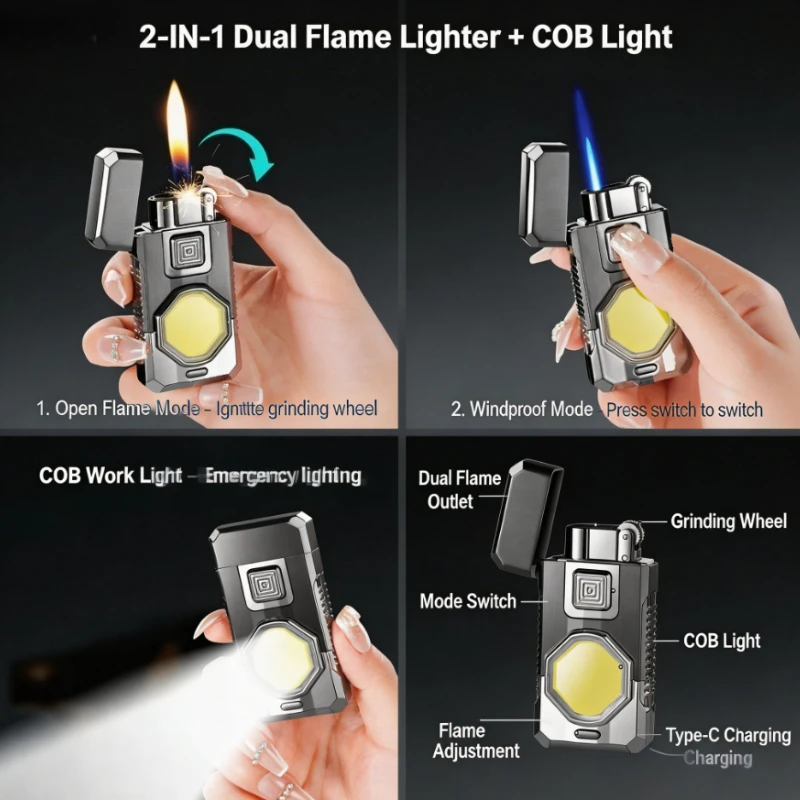 Stylish Dual Flame Lighter with COB Lighting, Robust Metal Build, Flexible Flame Switch Function, Portable Creative Accessory