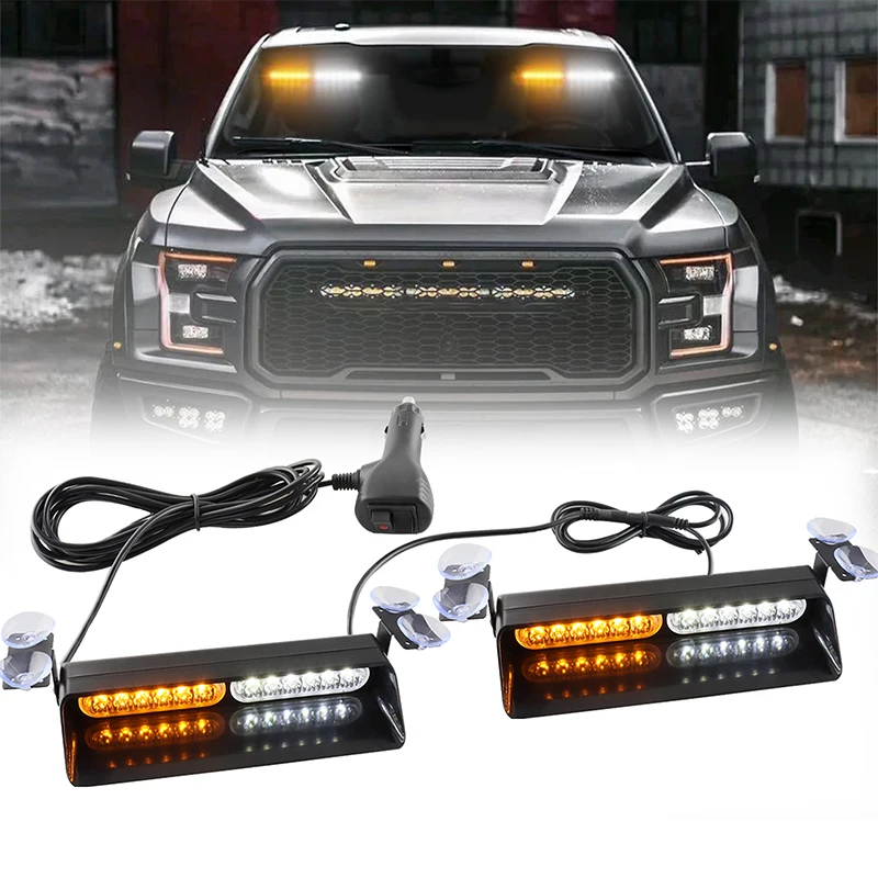 2Pcs LED Emergency Strobe Warning Dash Light Bar Amber&White Flashing Safety Lights with Suction Cups for Police Truck Vehicles