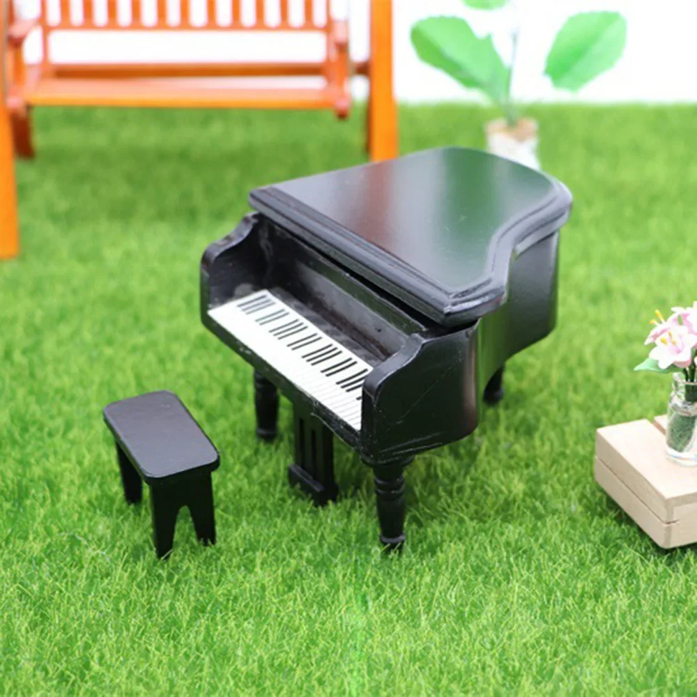 1/12 Dollhouse Miniature Accessories Mini Grand Piano with Stool Simulation Musical Instrument Model Doll House Decoration ob11