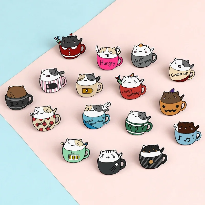 

16pcs Coffee Series Brooch Cute Cup Cats Animal Enamel Pins Women's Bag Clothes Lapel Pin Badge head Cartoon Jewelr Gift