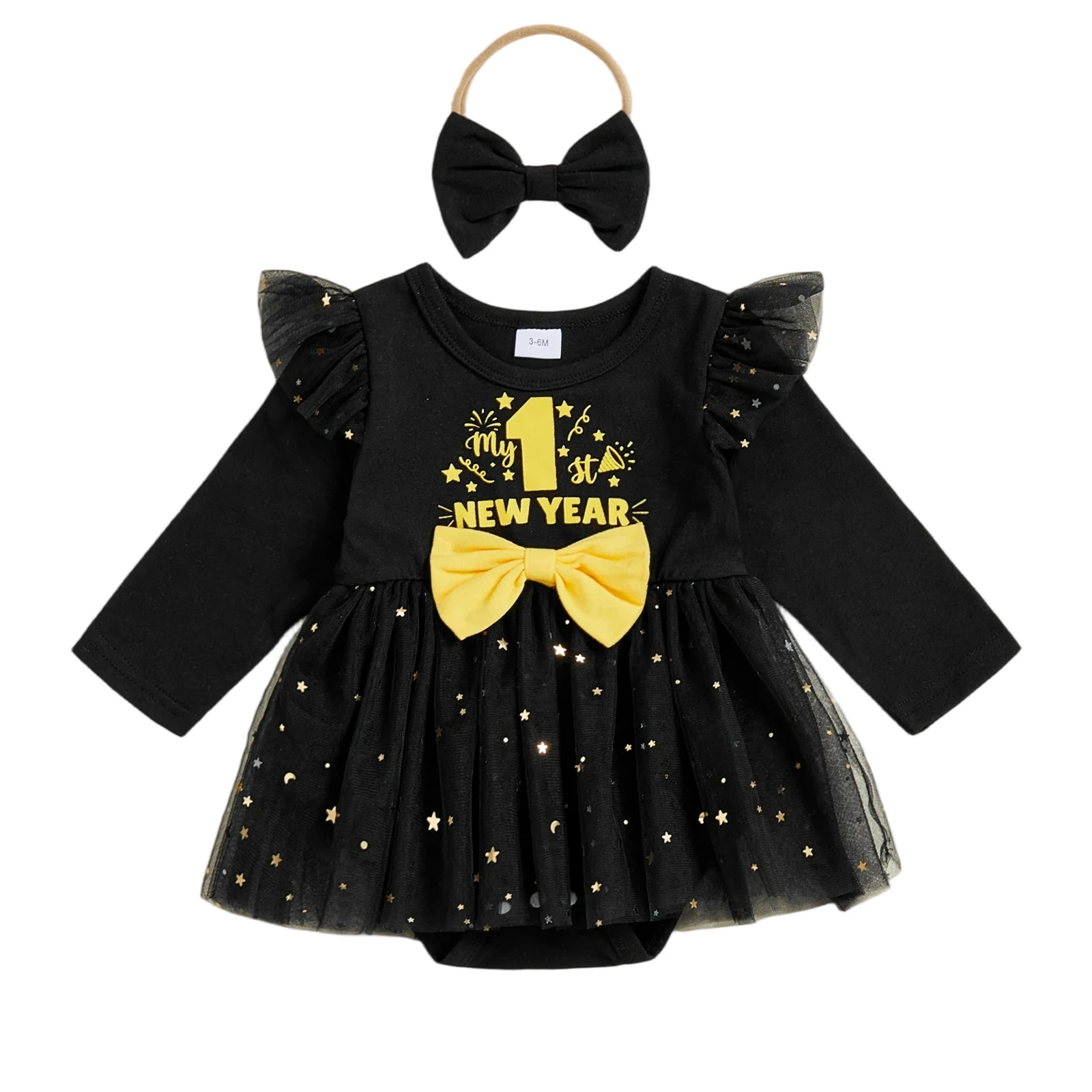 Baby Girl First New Years Outfit Firework Number Letter Print Mesh Long Sleeve Romper Dress Bow Headand 2 Pcs Set
