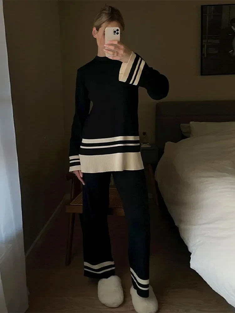 Black White Contrast Striped Wide Leg Knitted Pants Suits Casual O Neck Long Sleeve Tops Set Fashion Commute High Street Outfit