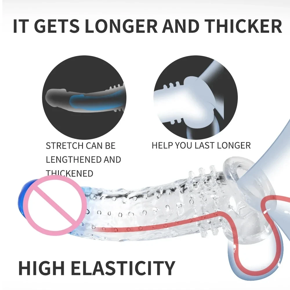 재사용 가능한 지연 콘돔 확대기 페니스 슬리브 익스텐션 확장 딜도 성인 섹스 토이, 남성용 고환 속박 콕 링 섹스 제품