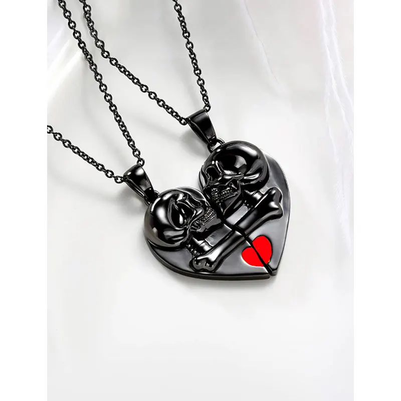 Red Love Pendant Metal Black Skeleton Heart Necklace for Women Men Couple Jewelry Gift Personality Punk Neck Chain 2023 New