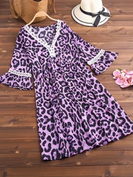 Plus Size 2025 Summer New Women's Crushed Flower Printed Dress V Neck Stretch Polyester Best for Summer