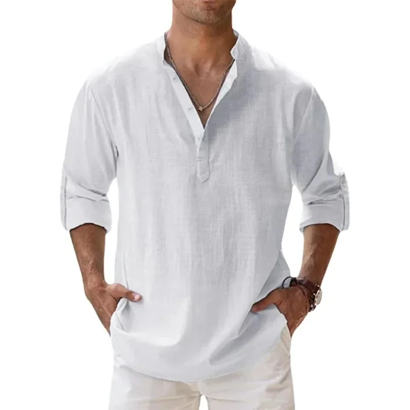 Camisas de lino y algodón para hombre, camisas informales ligeras de manga larga Henley, playeras Hawaianas, 10 colores, novedad de 2024