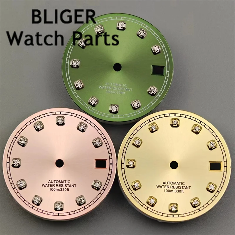 BLIGER 29 mm wijzerplaat zwart blauw hemelsblauw roze goud groene wijzerplaat met diamant index datum fit NH35 beweging gemodificeerde vervanging