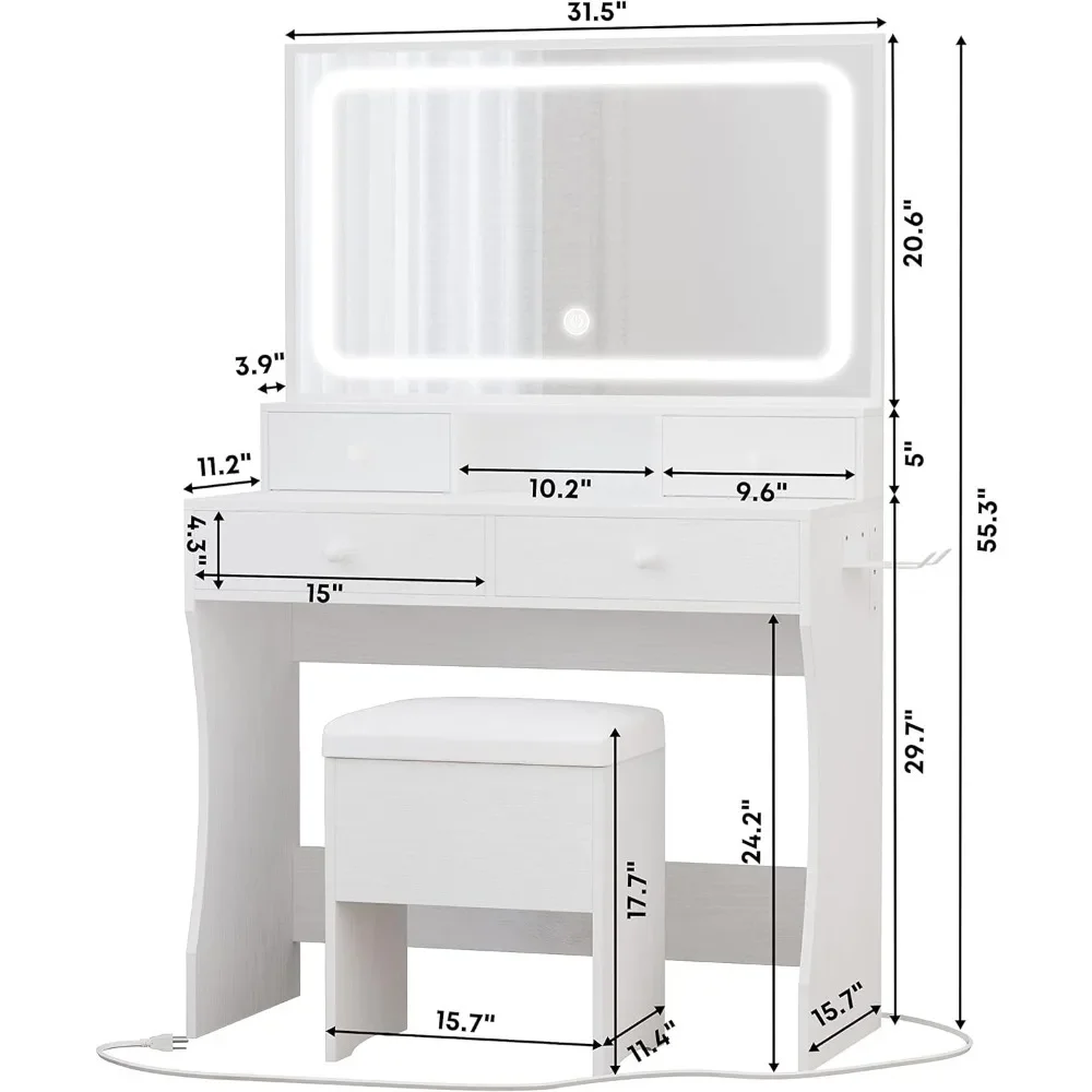 Vanity Desk with LED Lighted Mirror & Power Outlet & 4 Drawers, Dressing Makeup Table Set with Storage Stool