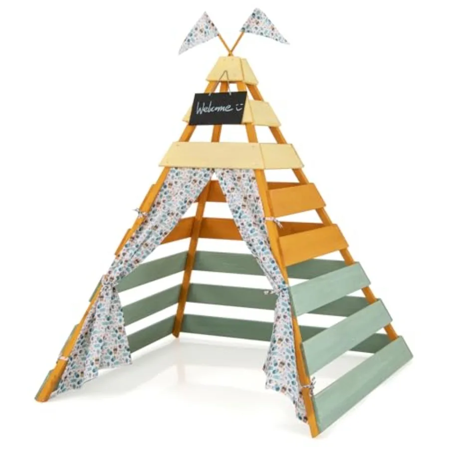 Barraca de tenda para crianças, barraca grande de brincar para crianças com estrutura de madeira de abeto, quadro removível e bandeiras, barraca interna e externa para crianças pequenas
