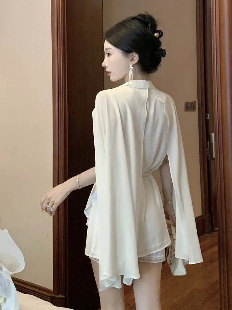 Ele White ort awl Coat Pleated Chiffon irt Design Waist-Cinching Belt Included French Sle Loose Fit Spring irt