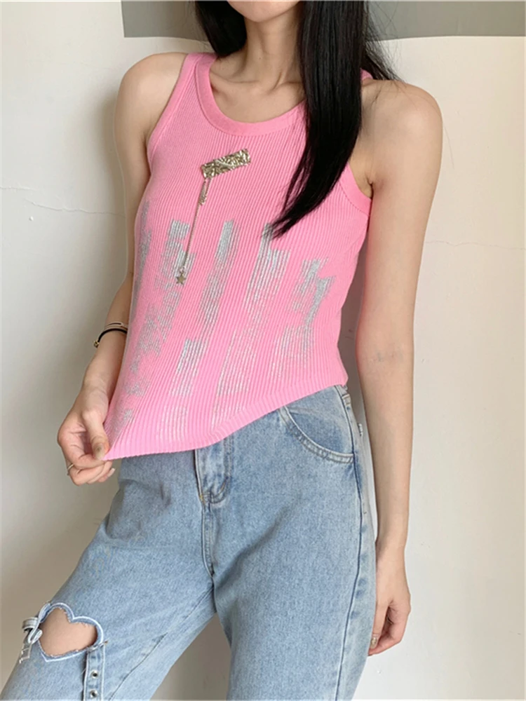 Colorfaith V6137DG New 2024 Pink Chain Sexy Knitted Basic Bottoming Elasticity Vests Women Spring Summer Tank & Camis Crop Tops