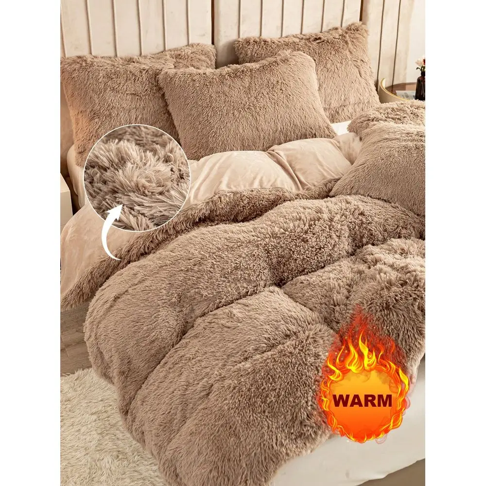 

Solid Color Fluffy Comforter Set, Includes 1pc Plush Comforter Cover And 2pcs Pillow Shams, Suitable For Bedroom, Guest Room, S