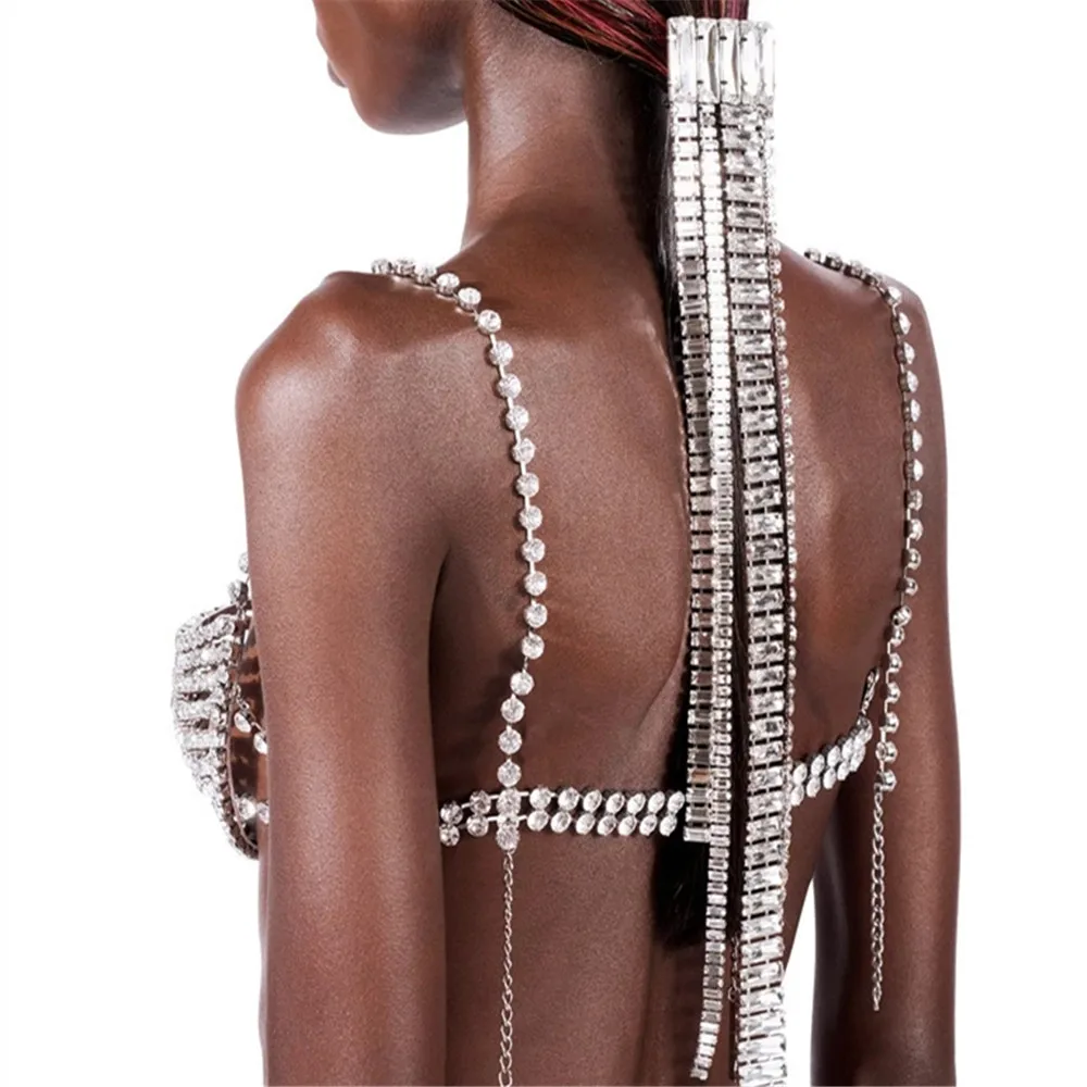 INS Novelly Crystal Long Tassel Ponytail Hair Comb Hair Chain Wedding Jewelry for Women Rhinestone Geometric Hairpins Head Chain