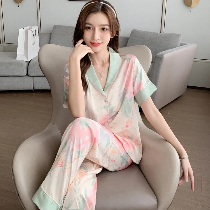 Spring New Ice Silk Pajamas Women\'s Short-sleeved Cardigan Satin Home Suit Sleepwear