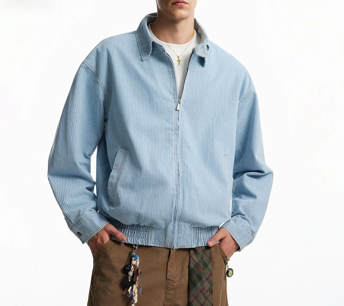 American Cleanfit Premium Blue and White Striped Denim Jacket Men's Spring and Autumn Short High Street Trendy Jacket