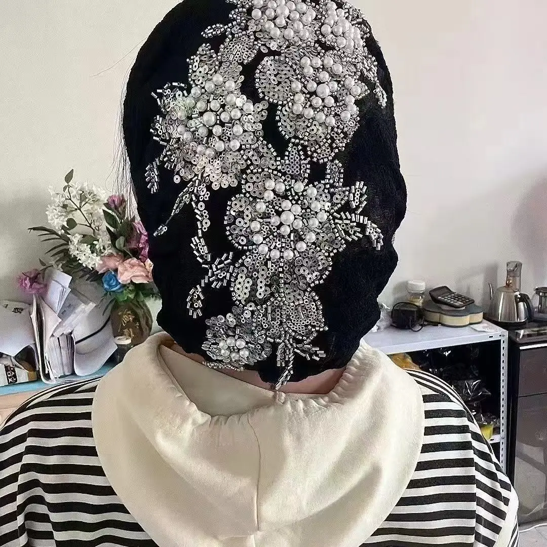 

Fashion Sequins Beads Hijabs Turban Women Beret Hat Muslim Beanies Bonnet Headscarf Chemo Cap Hair Loss Baggy Slouchy Head Wraps