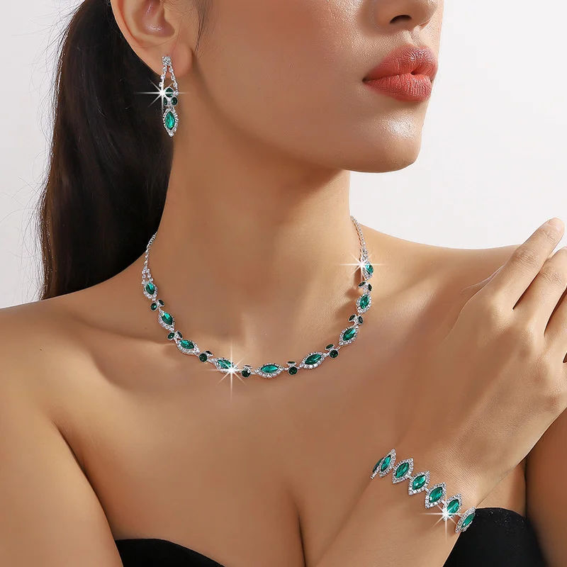 FYUAN Elegant Red Blue Green Black Necklace Earrings Bracelet Geometric Crystal Earrings for Wedding Jewelry Sets