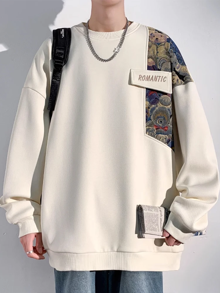 

Мужская толстовка оверсайз с вышивкой и нашивкой в виде медведя, без капюшона, повседневная, свободного кроя, молодежный тренд, весна-осень