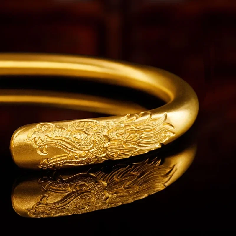 9999 real gold 24K yellow gold Longyue Fengming Ancient Method Engraved Bracelet Longfeng Jixiang Ladies Bracelet