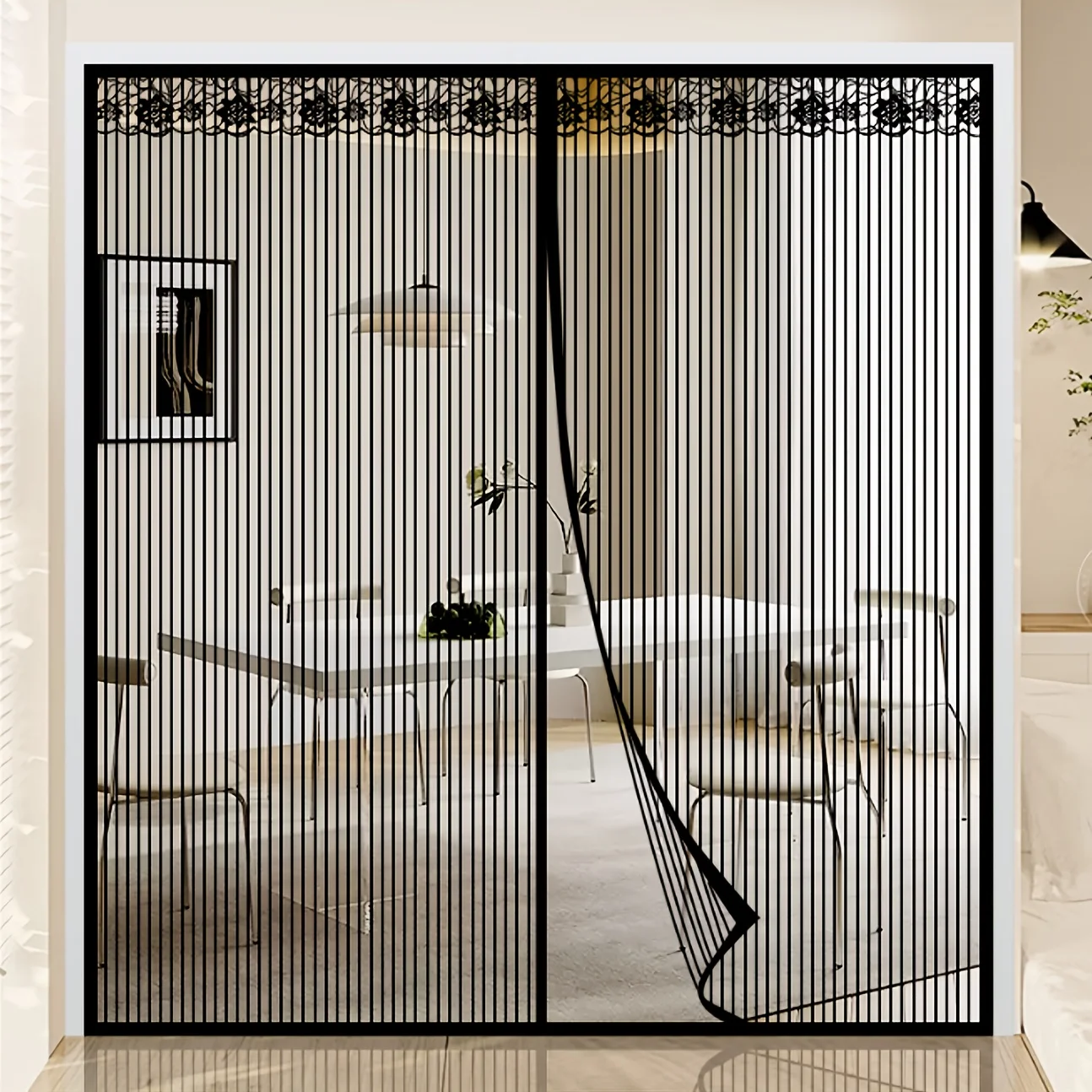 Extra Large Black Striped Magnetic Screen Door Curtain, Summer Mosquito-Proof Breathable Mesh Netting with Automatic Closure