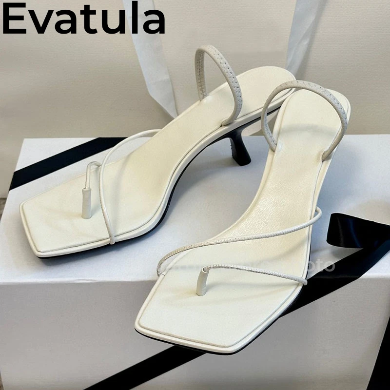 2024 Summer Narrow Band Genuine Leather Kitten Heel Sandals Women Square Toe Flip Flops Slippers Sexy Dress Mules Shoes Ladies