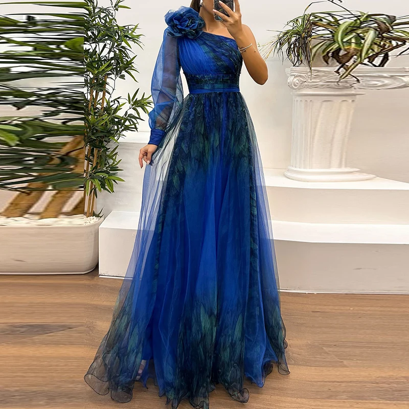 New One Shoulder Sleeve Pleats Bridesmaid Dress Vintage Pattern Printed High Waist Long Dress Sexy Asymmetric Mesh Evening Dress