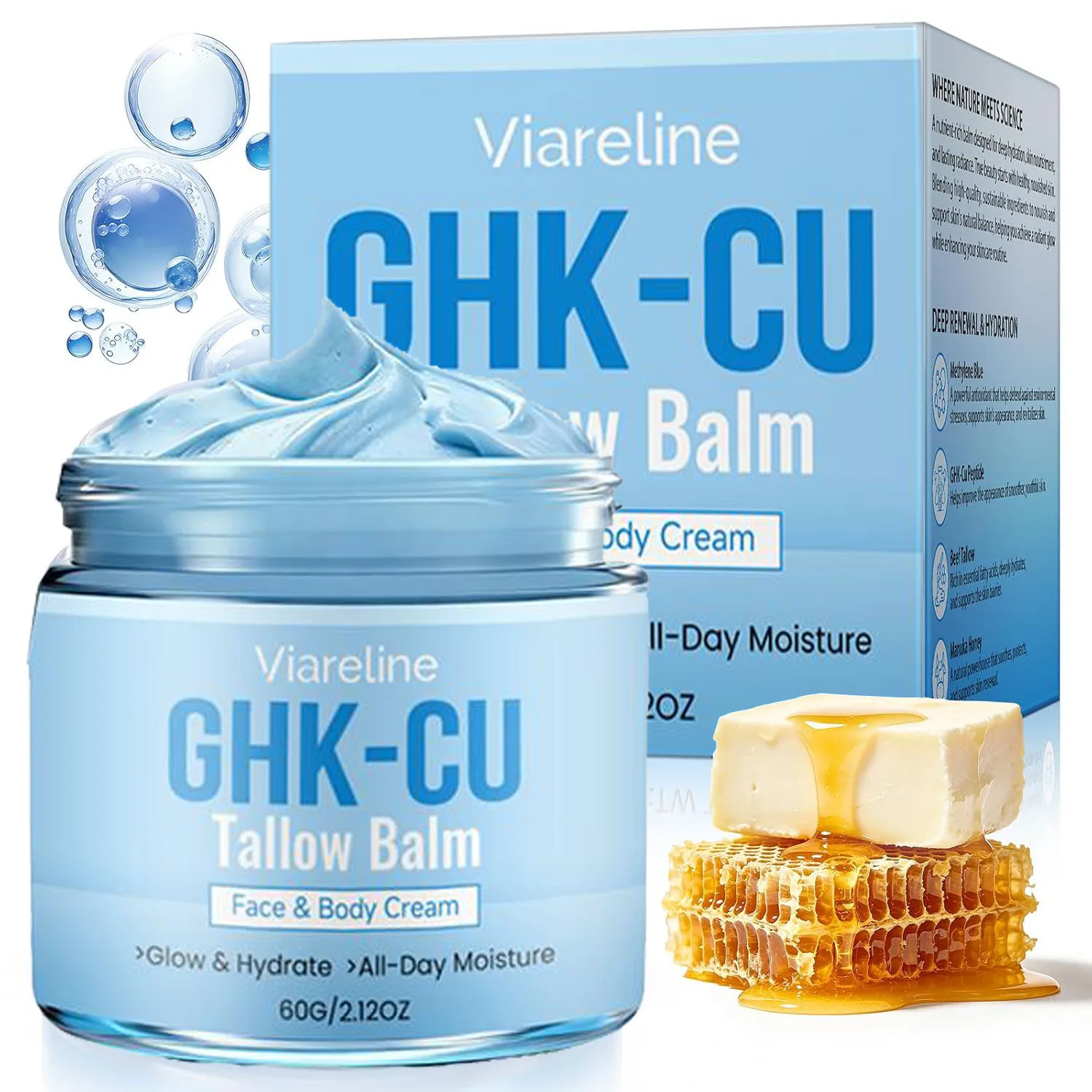 GHK-CU Copper Peptides Beef Tallow Cream Manuka Honey Blue Balm Face Body Moisturizer for Mature Dry Sensitive Skin Care