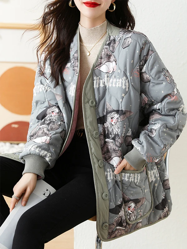 

Double-Sided Wear Loose Lightweight Cotton Jaet Diamond Pattern Printed Fabric Sweet Sle Women's Winter Coat Outerwear