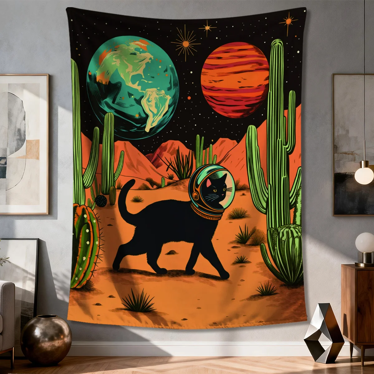 Large Cosmic Cat Space Tapestry Wall Hanging 150x300cm Boho Retro Sci-Fi Planets Desert Astrology Art Decor
