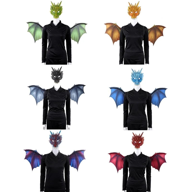 2 Stuks Draak Kostuums Voor Volwassenen Vrouwen Mannen Dragon Wings Masker Set, Carnaval Party Halloween Scary Dinosaurus Cosplay Set