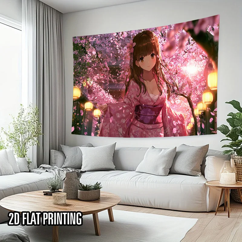 1pc 2D Flat Print Spring Cherry Blossom Girl Tapestry Wall Hanging, Japanese Style Home Decor, Photo Booth Backdrop, Photography