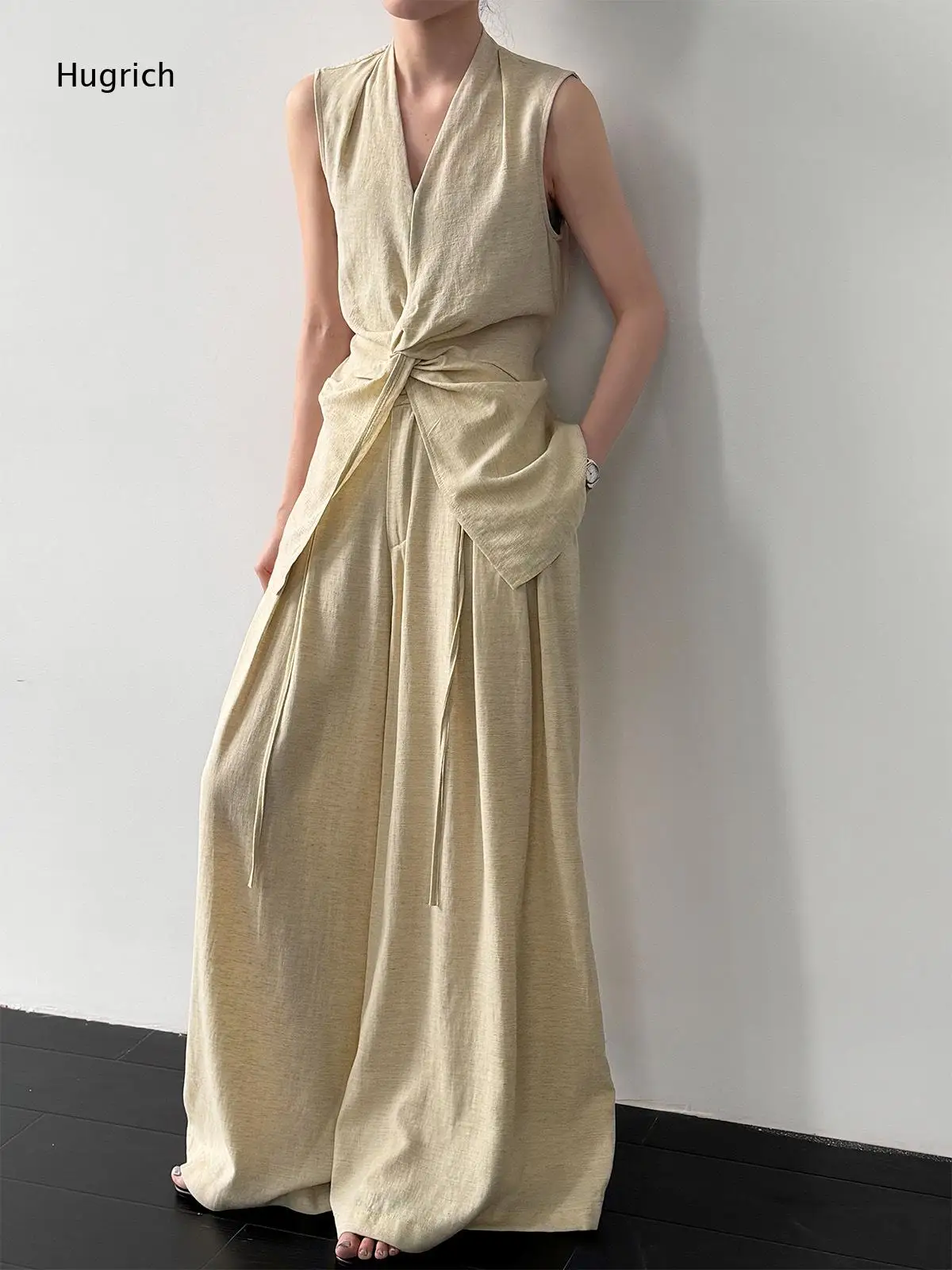 Minimalist Textured Fabric Co Ord Set Sleeveless Wrap Front Tie Waist Top Pocket Design Wide Leg Long Trousers For Ladies
