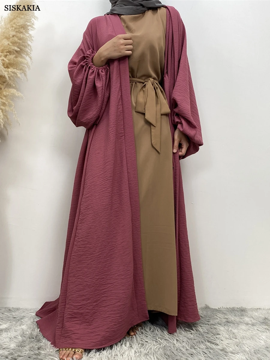 Siskakia Kimono Abayas Puff Sleeve Loose Folds Robe Kabaya With Pockets Muslim Ramadan Eid Women Clothing Turkish African Kaftan