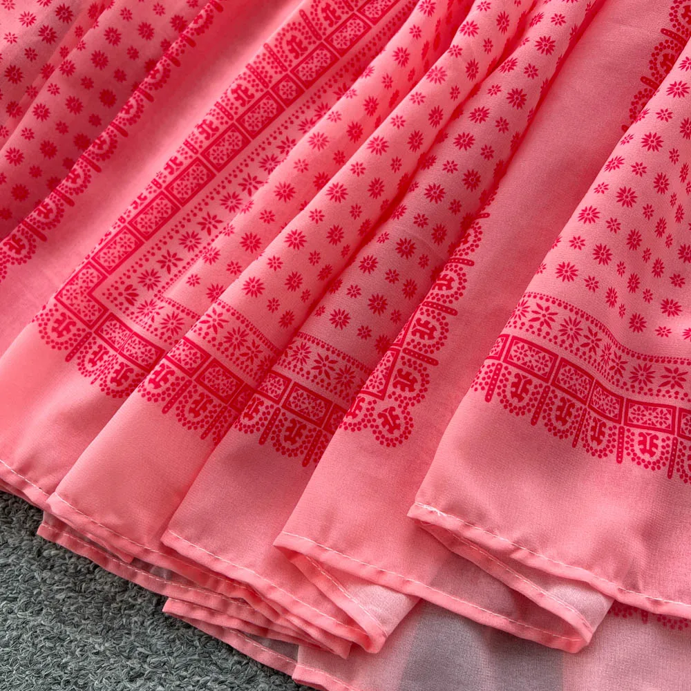 Chic vintage V-neck ruffle print slim Elegant Fairy korean fashion Boho Sundress women clothing Long dress