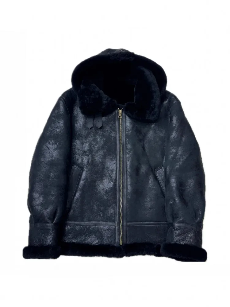 Natural Shearling Overcoat Mens Winter Thick Warm Motorcycle Jacket Vintage Genuine Leather Real Wool Lining Jacket Hooded Coat
