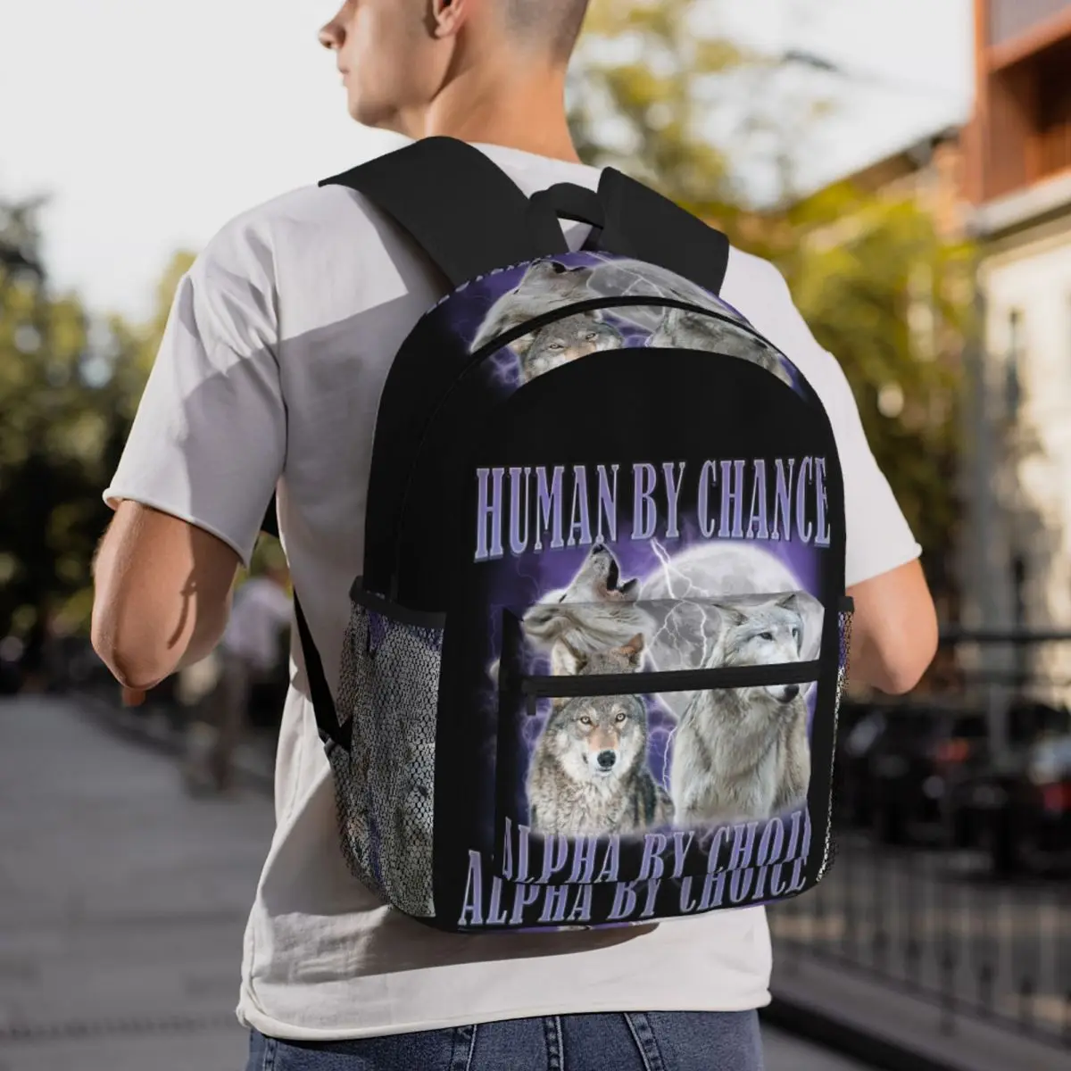 Human By Chance Alpha By Choice Wolf Meme Backpack Daypack Large Capacity BookBag School Bag Shoulder Bags for Men Women