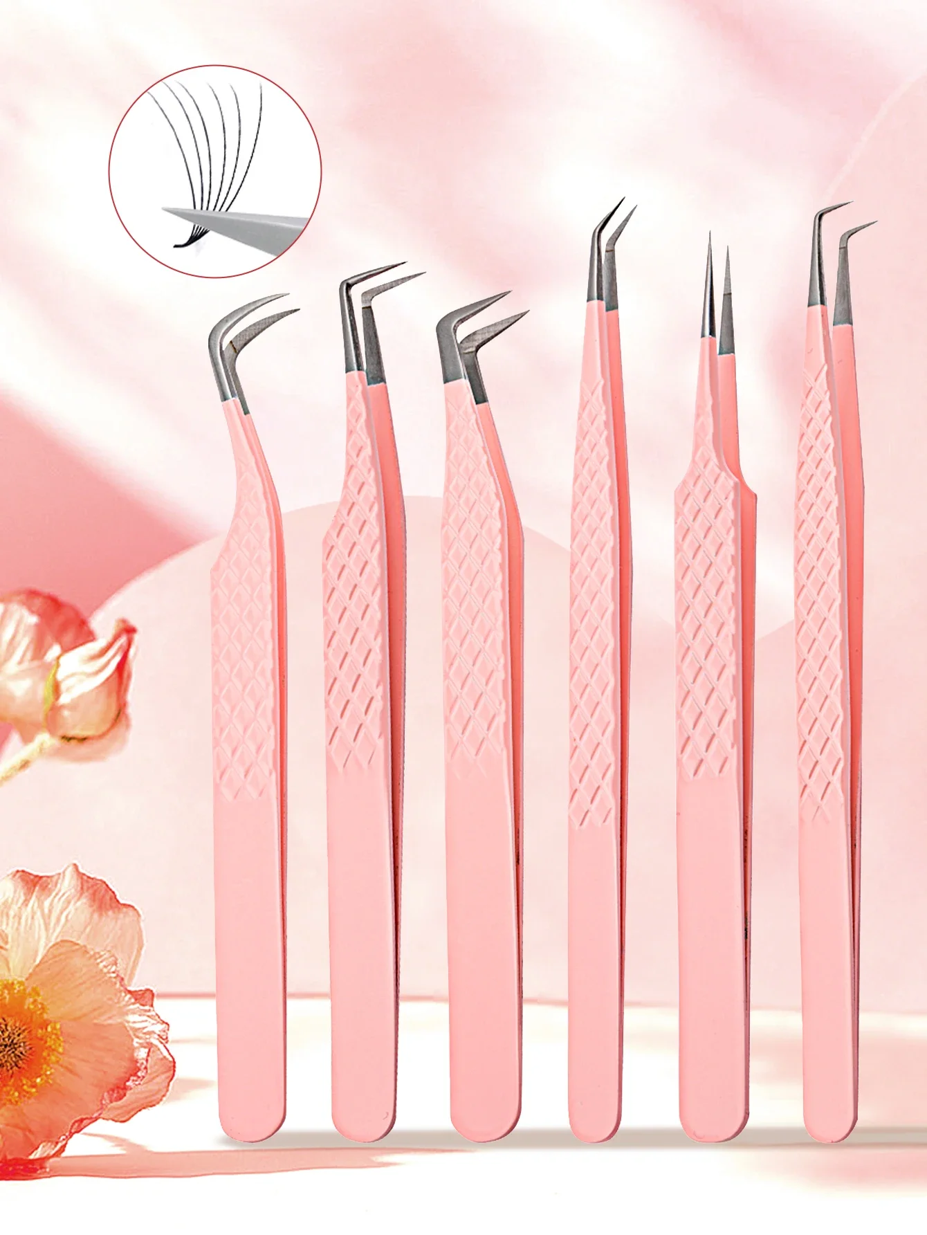 GEMERRY Eyelash extensions tweezers Pink Stainless Steel Makeup professional Tools with Fiber Tips High Precision Anti-Static