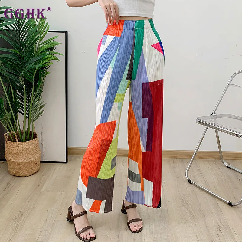 

GGHK Pleated Women Casual Pants 2024 Fall New High-waisted Thin Print Design Loose Large Size Fashion Hundred Female Pants