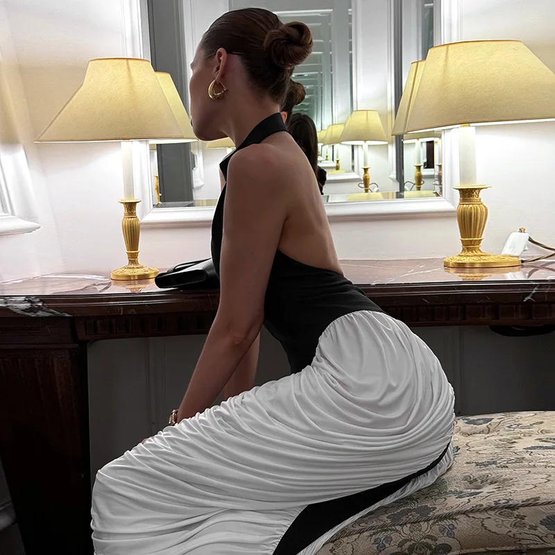 Verão sexy preto sem mangas hater bodycon midi vestido feminino dobras branco sem costas festa streetwear vestido de noite roupas moda