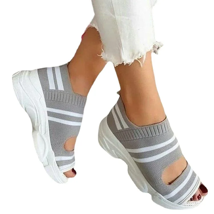 New Women Sandals 2022 High Heels Platform Women Shoes Summer Female flats Knitting Slip On Peep Toe casual Women Sandals