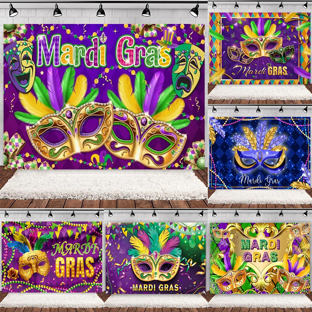 

Carnival Theme Party Decoration Background Mardi Gras Banner Purple Mask Ribbons Brazil Masquera Party Dancing Photo Booth Decor