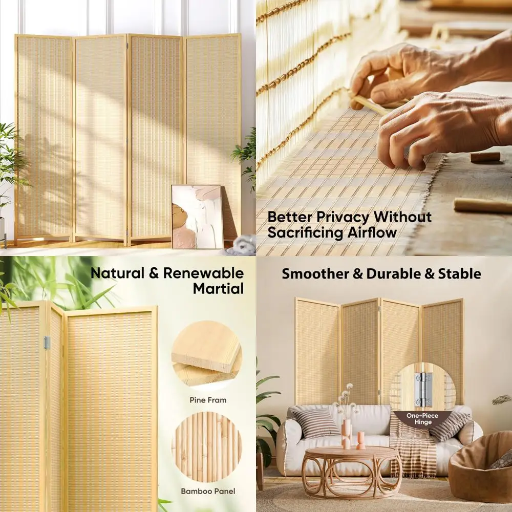 شاشة خصوصية من الخيزران قابلة للطي بأربعة ألواح - طول 6 أقدام لفصل الغرفة