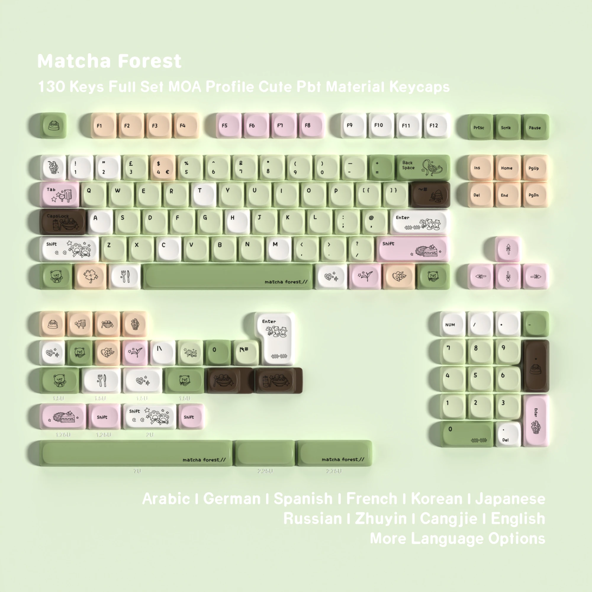 Moa Matcha Forest Tastenkappen, Leertasten für mechanische Tastaturen, kompatibel mit russischem, koreanischem, spanischem und deutschem 7U Alice-Layout, PBT-Material.